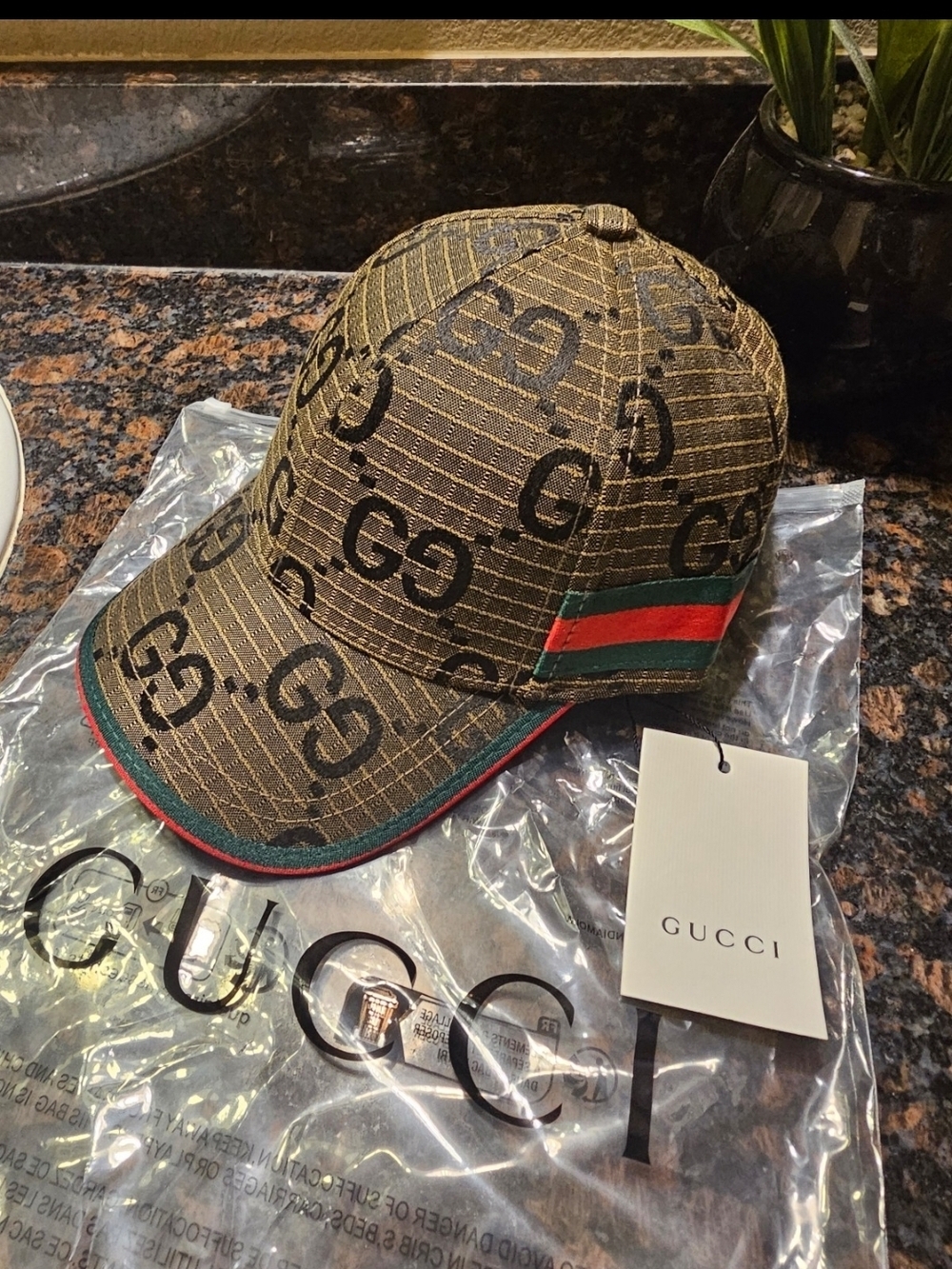 Gucci Monogram Baseball Cap in Brown with Green & Red Stripe